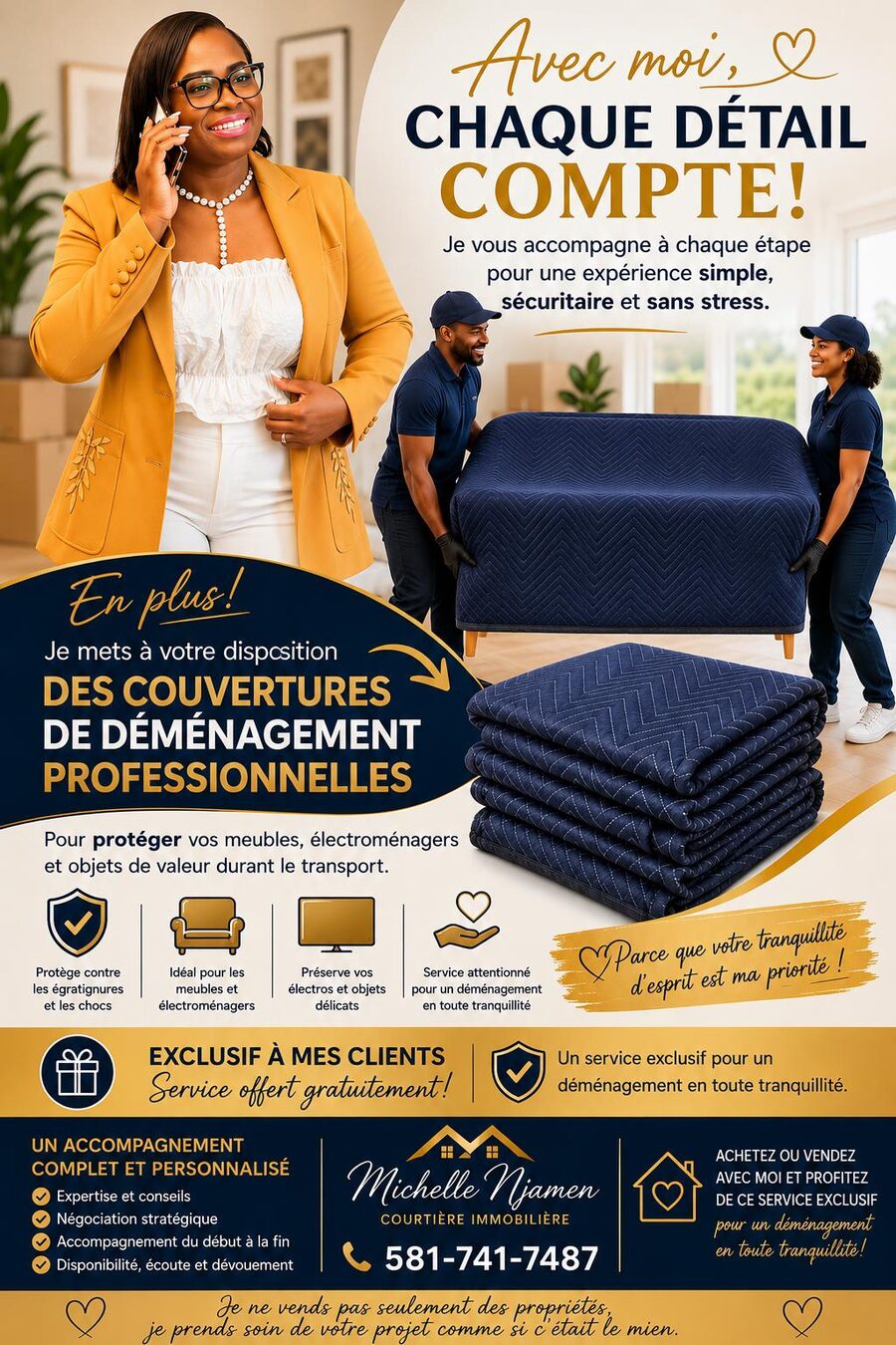 Service exclusif de Michelle Njamen : couvertures de déménagement professionnelles offertes à ses clients